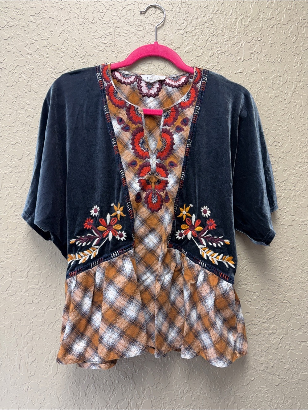 THML medium Boho Embroidered Layered Tunic Top - Black & Orange Plaid
